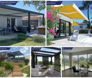 Comparatif de solutions de protection solaire : pergola bioclimatique, store banne jaune, pergola à toile et brise-soleil orientable (BSO).